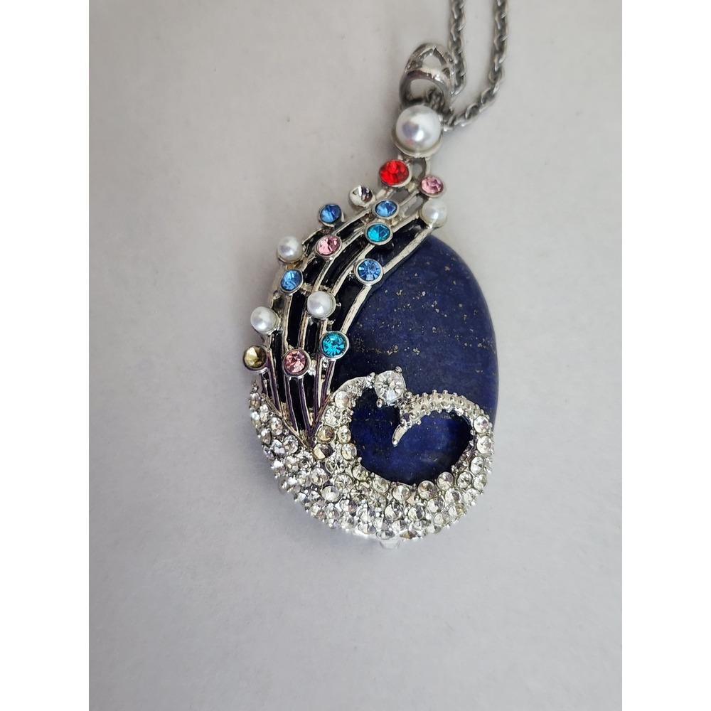Vintage Style Peacock Pendant Necklace Faux Lapis Multi-Color Crystal Rhinestone
